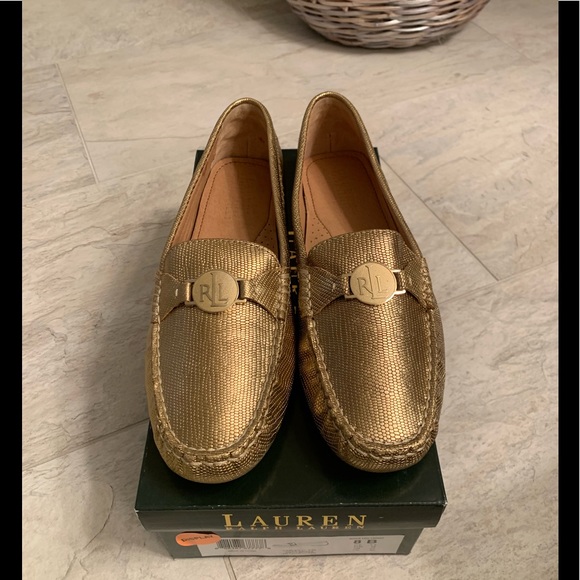 NIB Lauren Ralph Lauren Carley Antique Brass Metallic Embossed Lizard Design - Picture 2 of 10